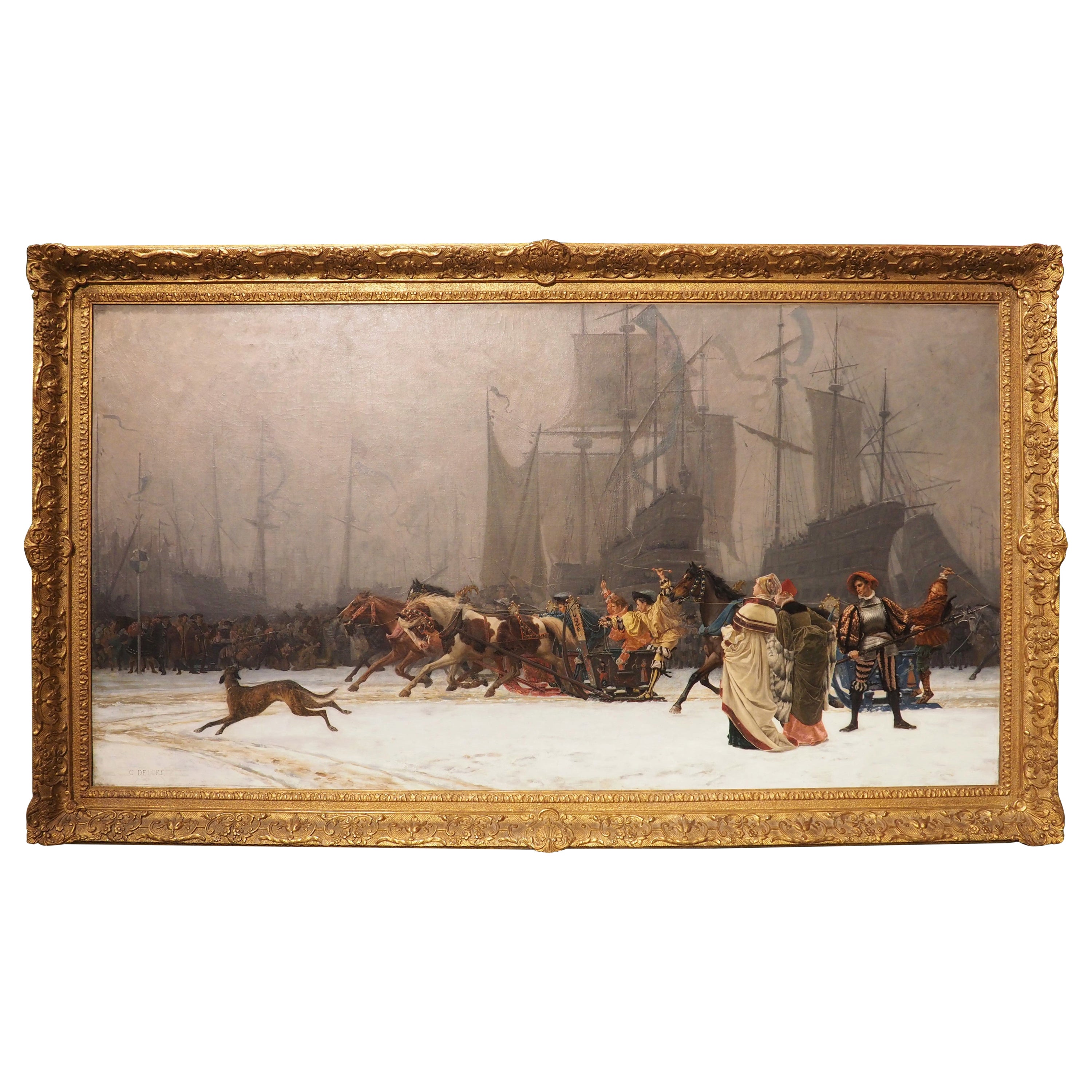 Sleigh Racing at the Harbor, French Oil Painting by Charles Edouart Delort, 1873