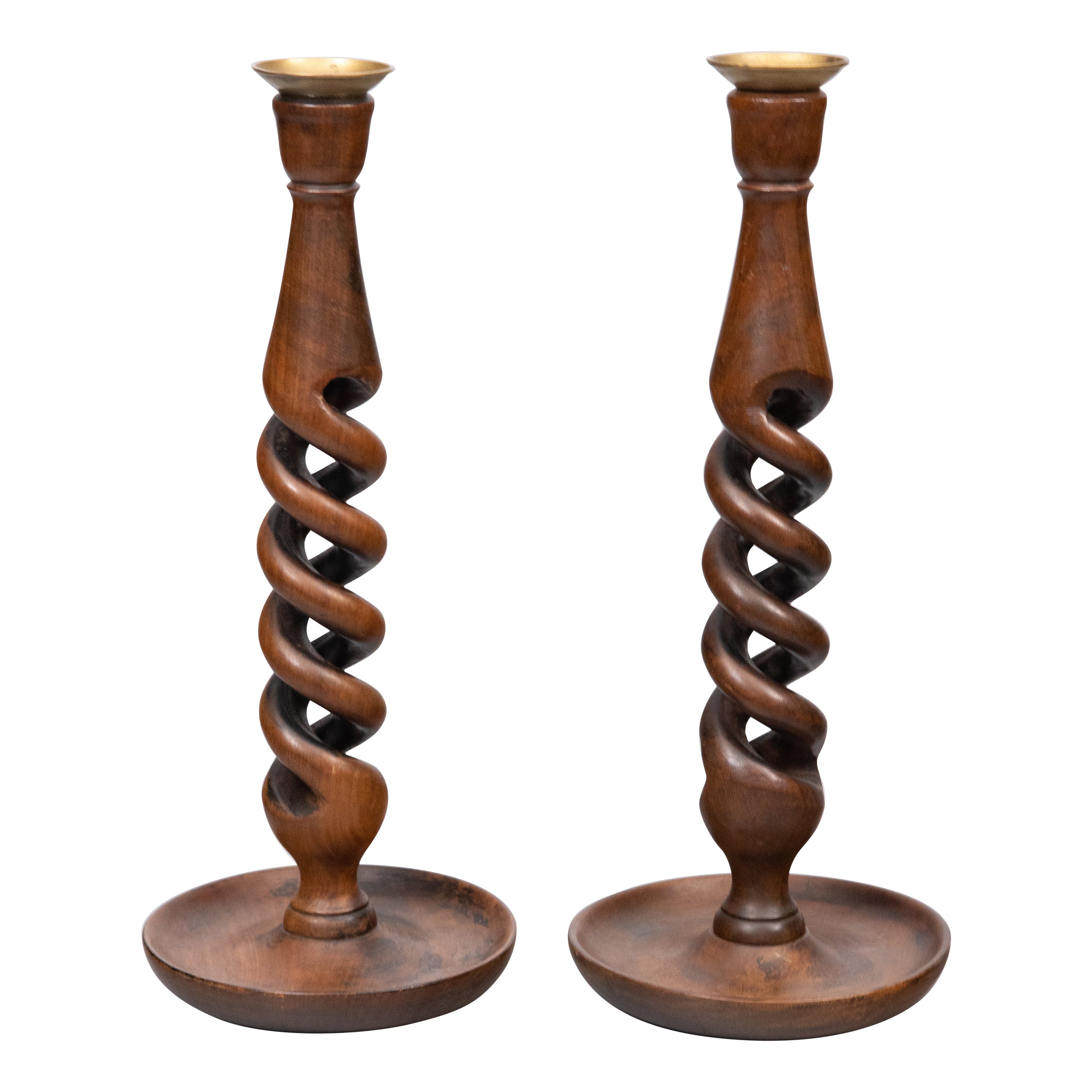 Pair of Tall Vintage English Oak Open Barley Twist Candlesticks Candle Holders