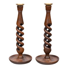 Pair of Tall Vintage English Oak Open Barley Twist Candlesticks Candle Holders