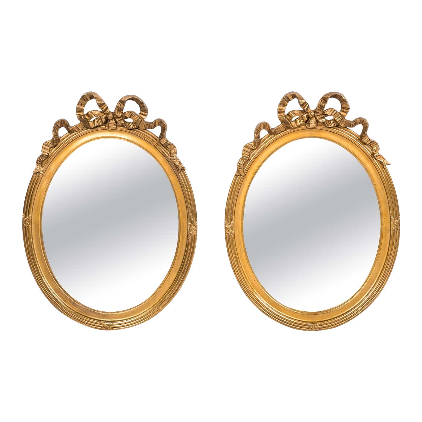 First Quality Mirror Antique 19th Century French Pair of Oval Gold Gilt Mirrors with Bow ...