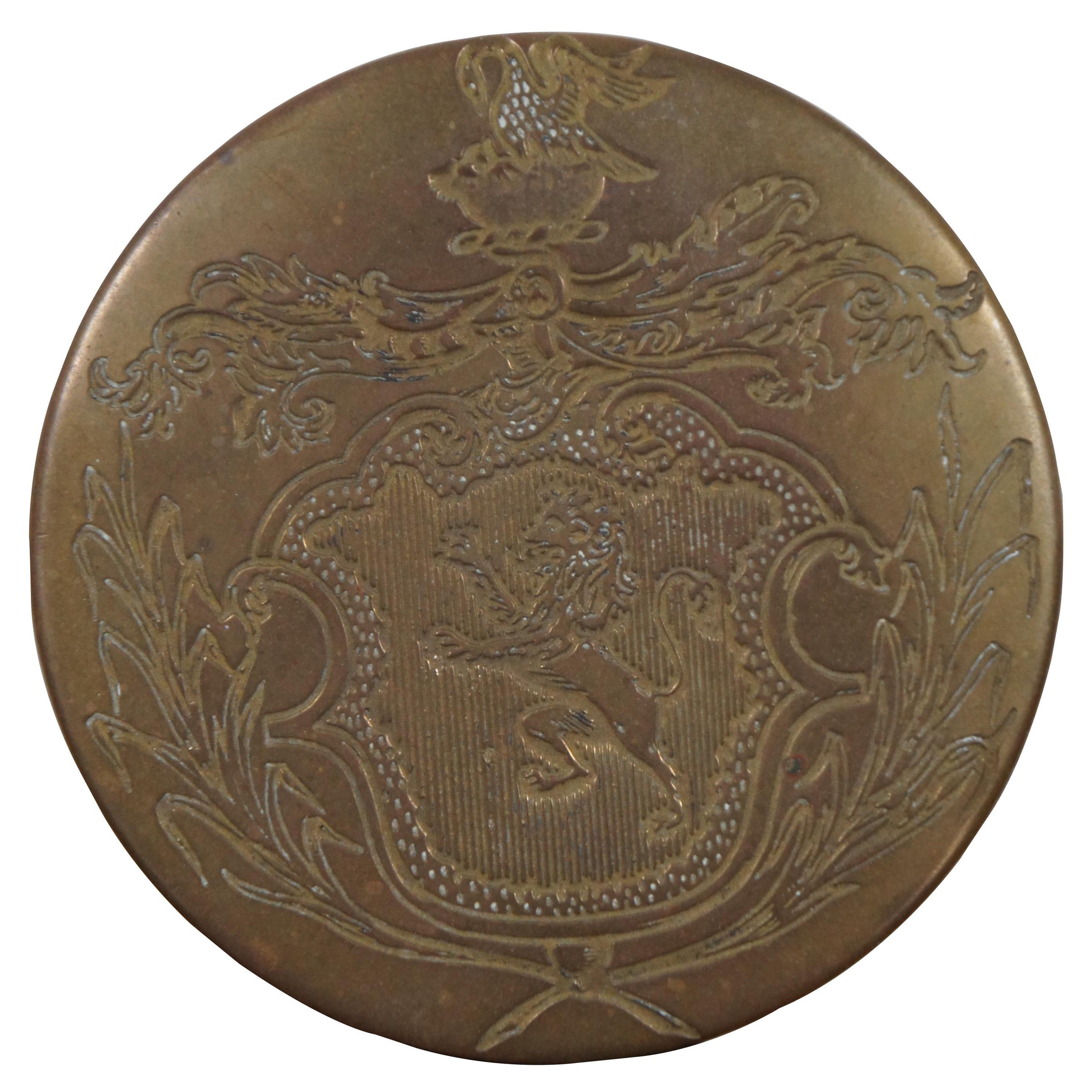 Vintage French Mottahedeh WM Adaptation Round Brass Lion Passant Snuff Box For Sale
