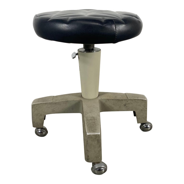 Industrial Aluminum and Leather Adjustable Dentist Stool by Reichert For Sale