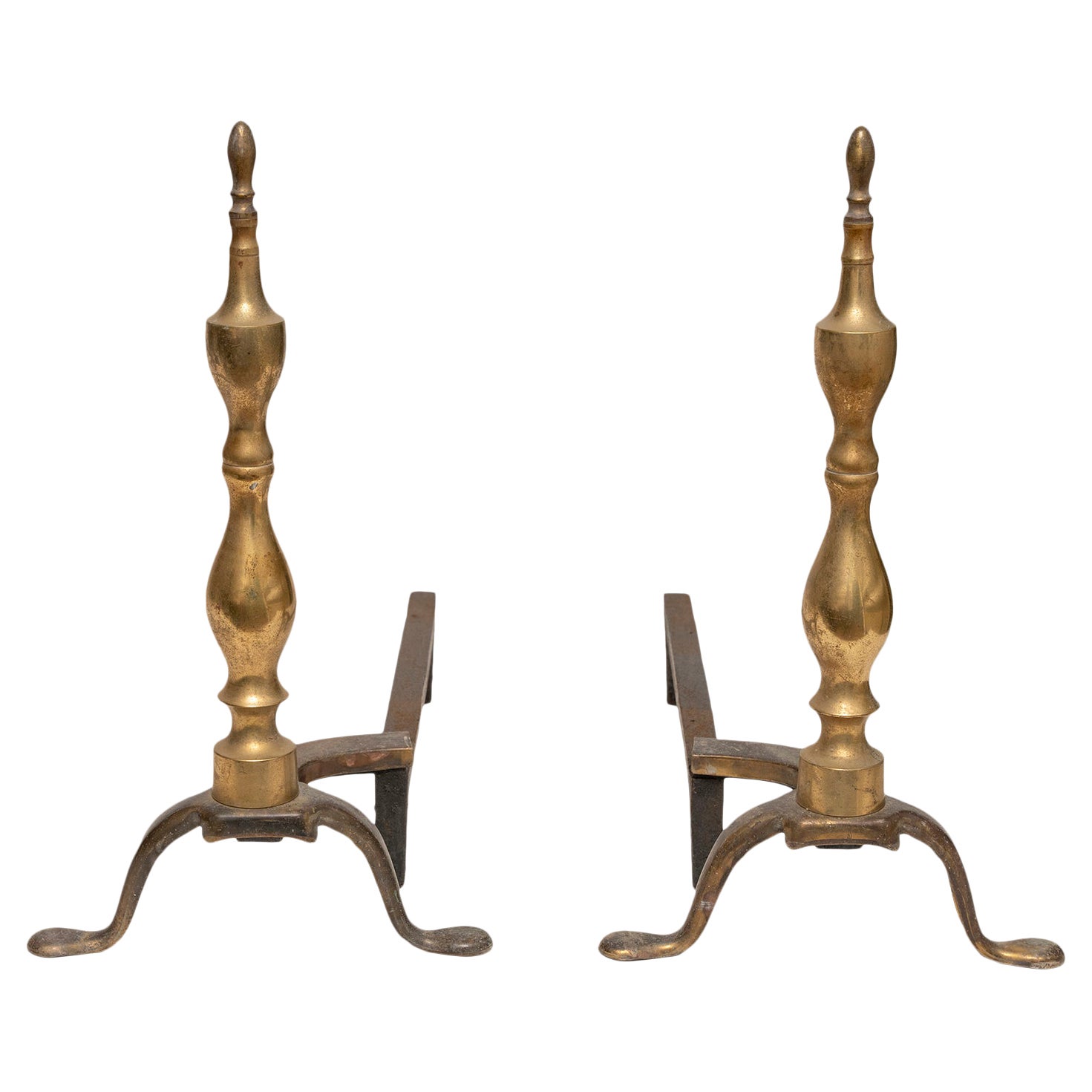 Firedogs Pair Brass Iron Split Baluster Neoclassical For Sale
