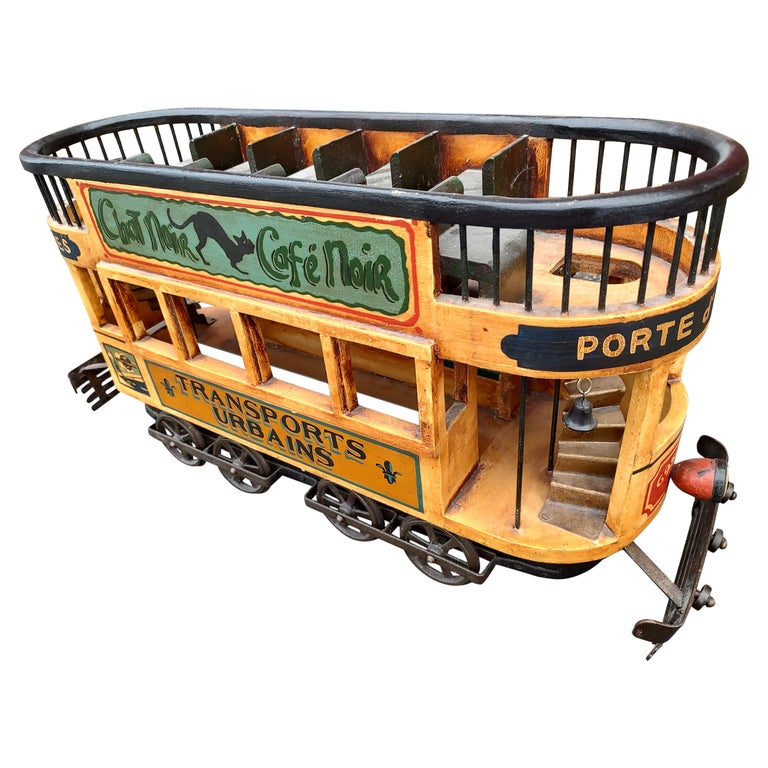Folk Art Hand Painted Wood & Iron New Orleans Trolley Car For Sale