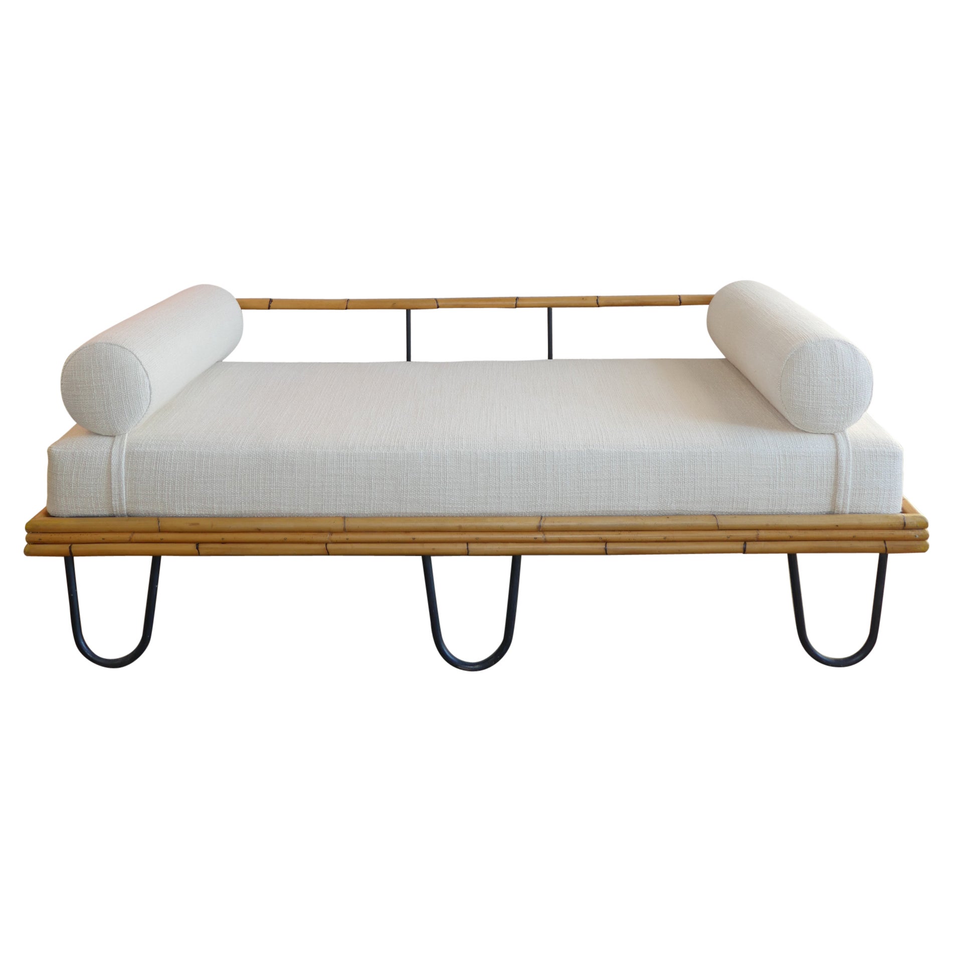 1950s French Bamboo and Iron Daybed with Elitis Linen Upholstery