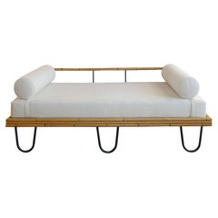 1950s French Bamboo and Iron Daybed with Elitis Linen Upholstery