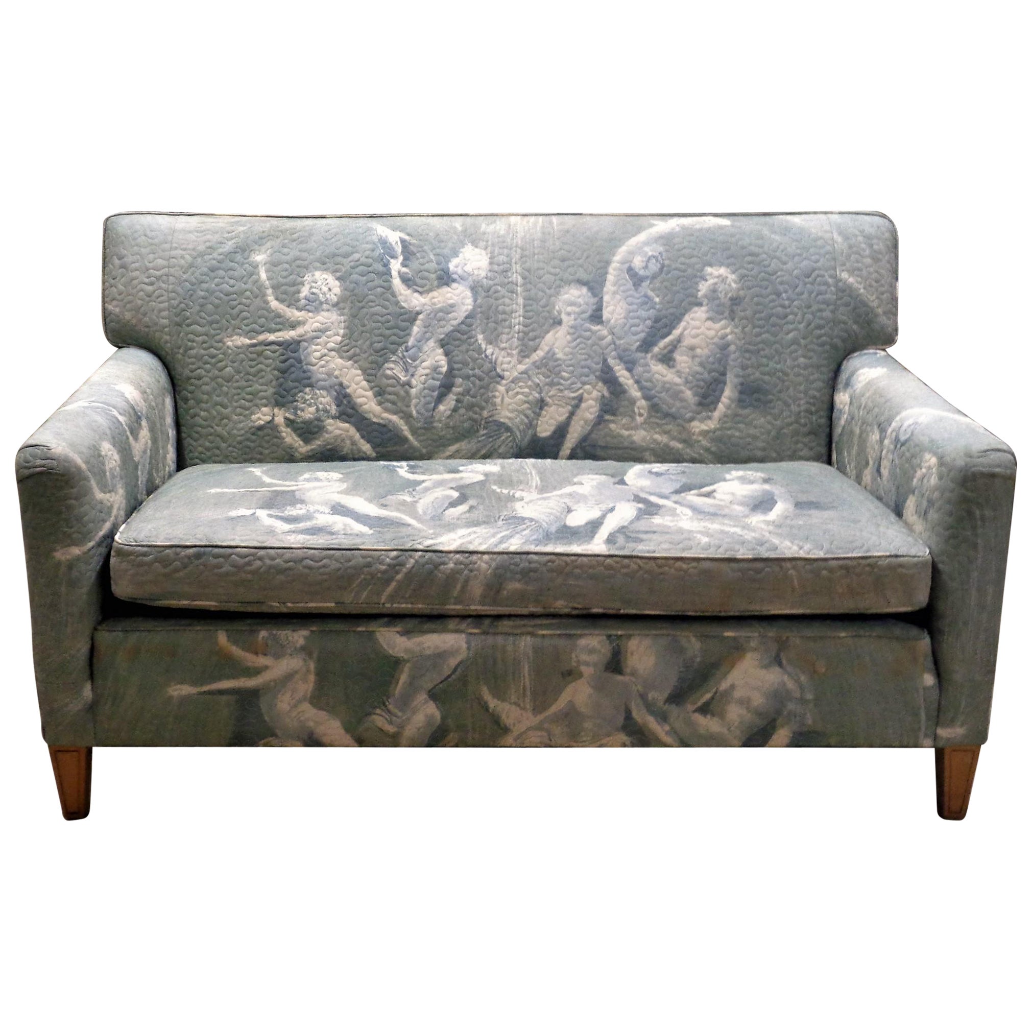 Hollywood Regency Tuxedo Loveseat Exotic Upholstery Mythological Fauns Seascape  For Sale