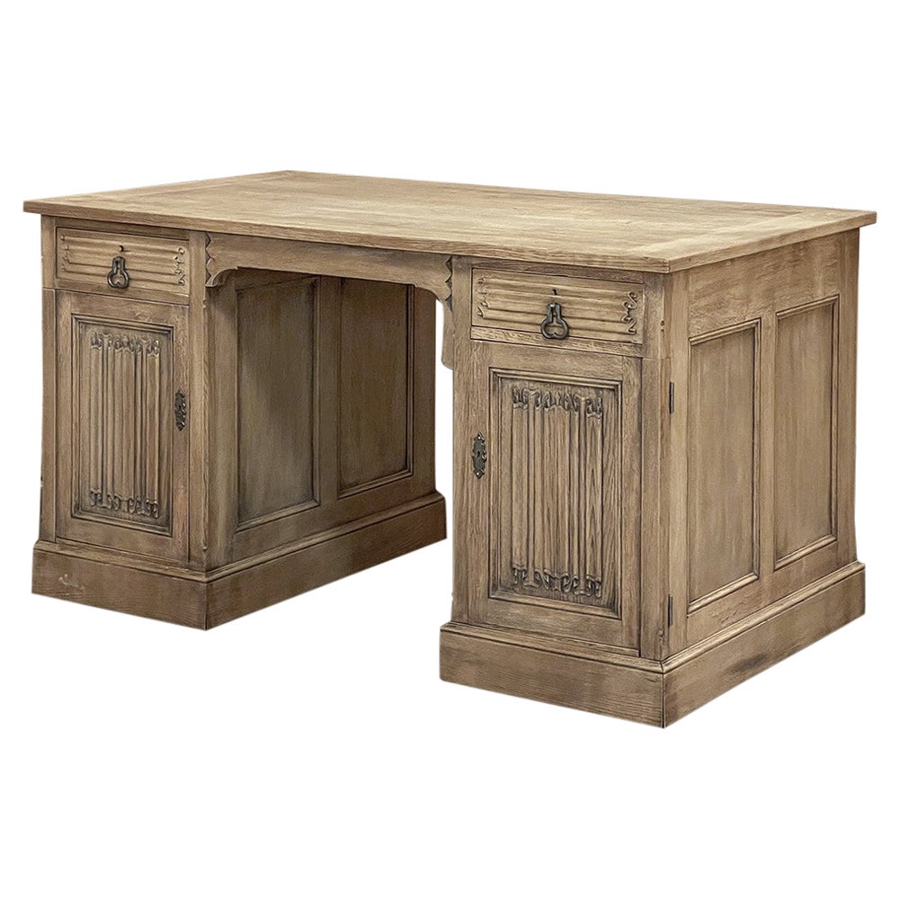 Antique French Gothic Executive Desk in Stripped Oak For Sale