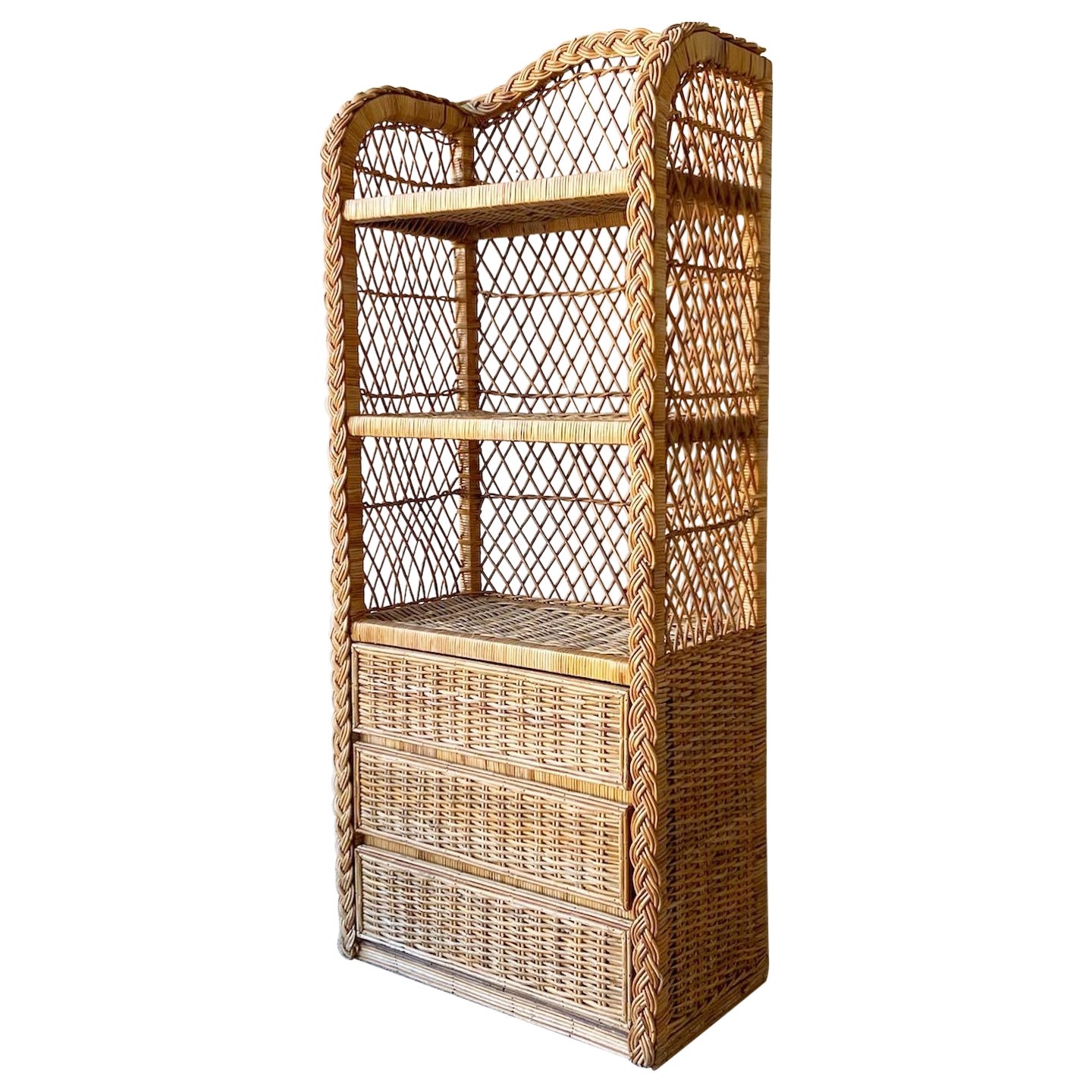 Vintage Boho Chic Woven Wicker Etagere For Sale