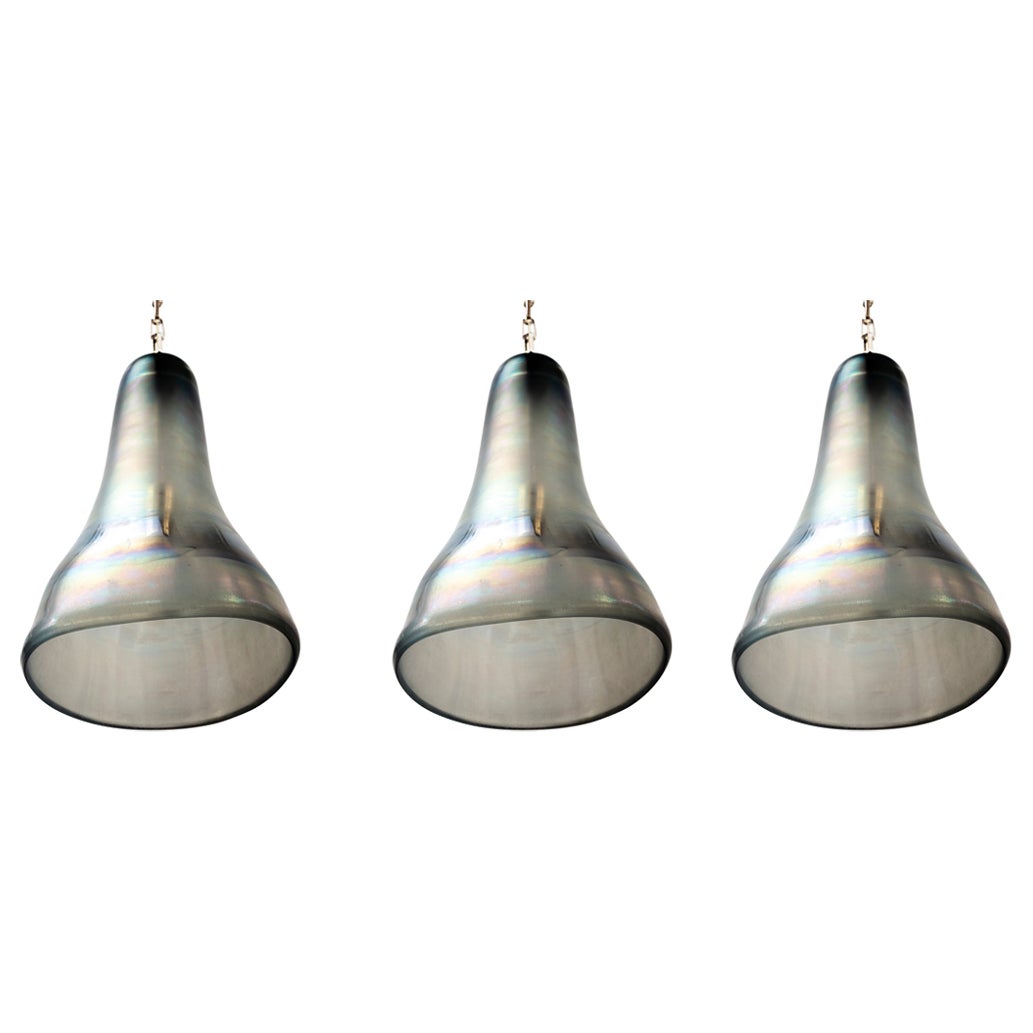 Set Of 3 Large Greige Iridescent Pendants, Contemporary, UL Certified For Sale