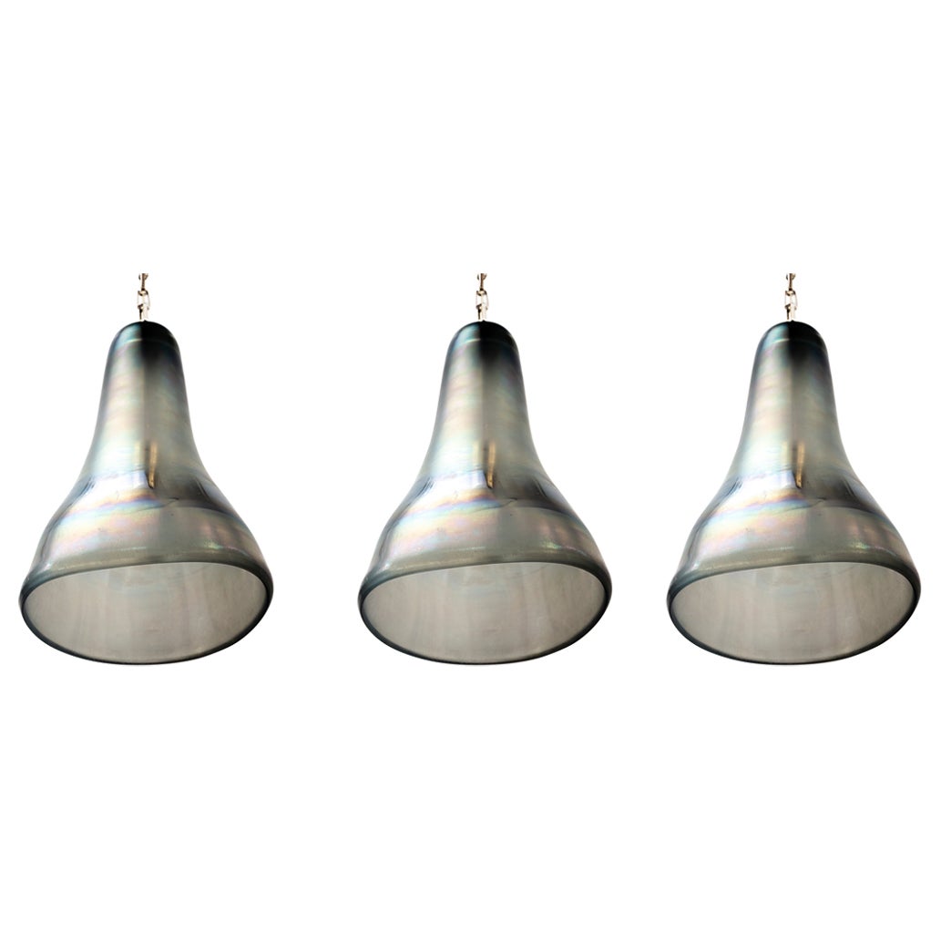 Set Of 3 Large Greige Iridescent Pendants, Contemporary, UL Certified