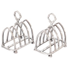 Pair of Antique English Gothic Style Silver Plate Toast Racks, dated 1923