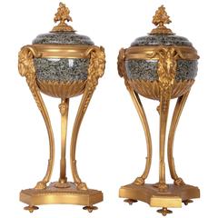 Pair of 19th Century French Empire Gilt Bronze and Marble Urns or Cassolettes