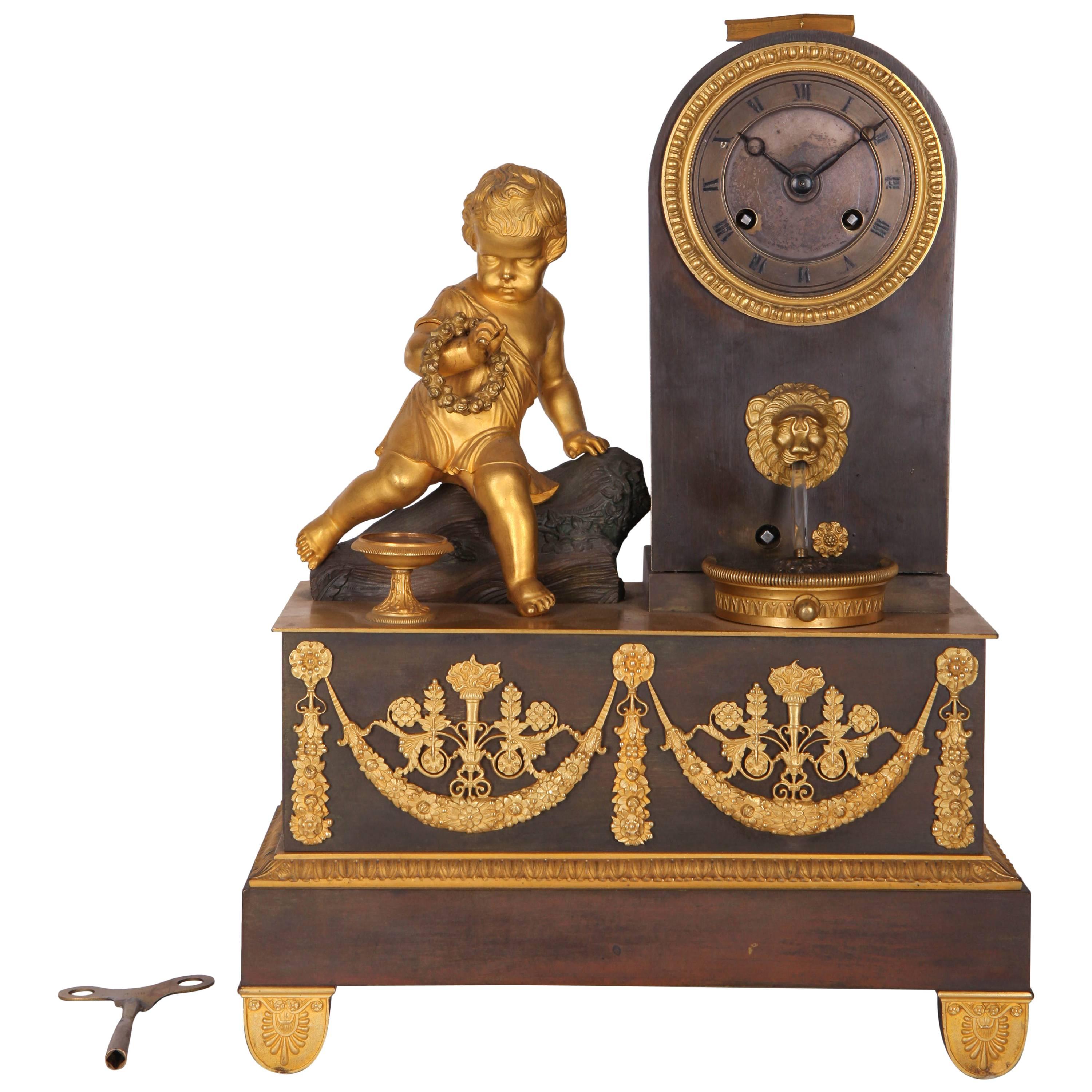 19th Century French Empire Gilt and Patinated Bronze Mantel Clock For Sale