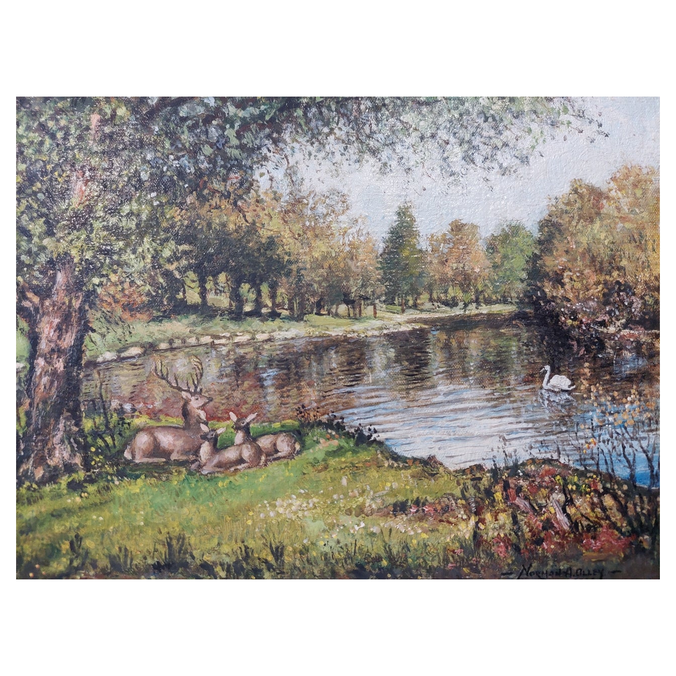 Traditional English Painting Deer by a River in English Parkland For Sale