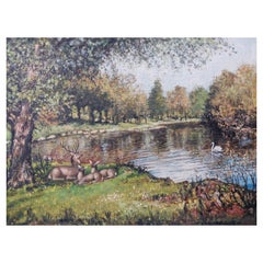 Peinture traditionnelle anglaise - Cerf au bord d'une rivière dans un parc anglais