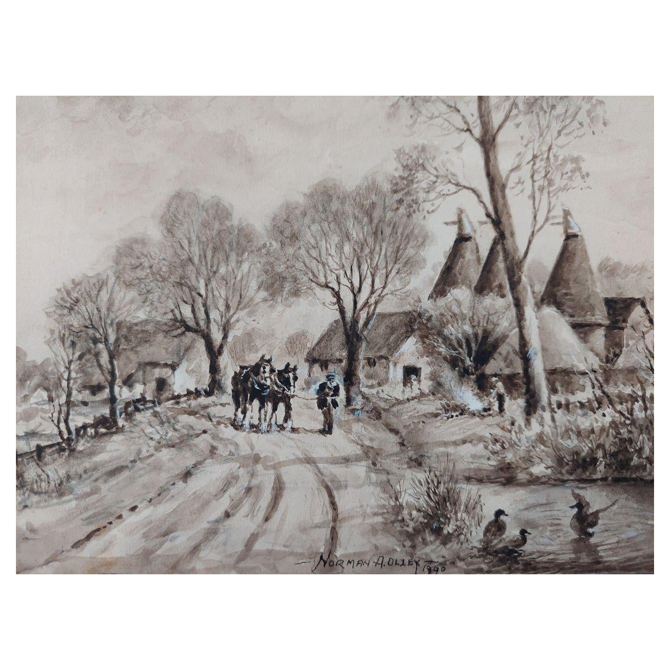 Peinture traditionnelle anglaise - Chevaux travaillant rentrant à la maison dans le Kent en vente
