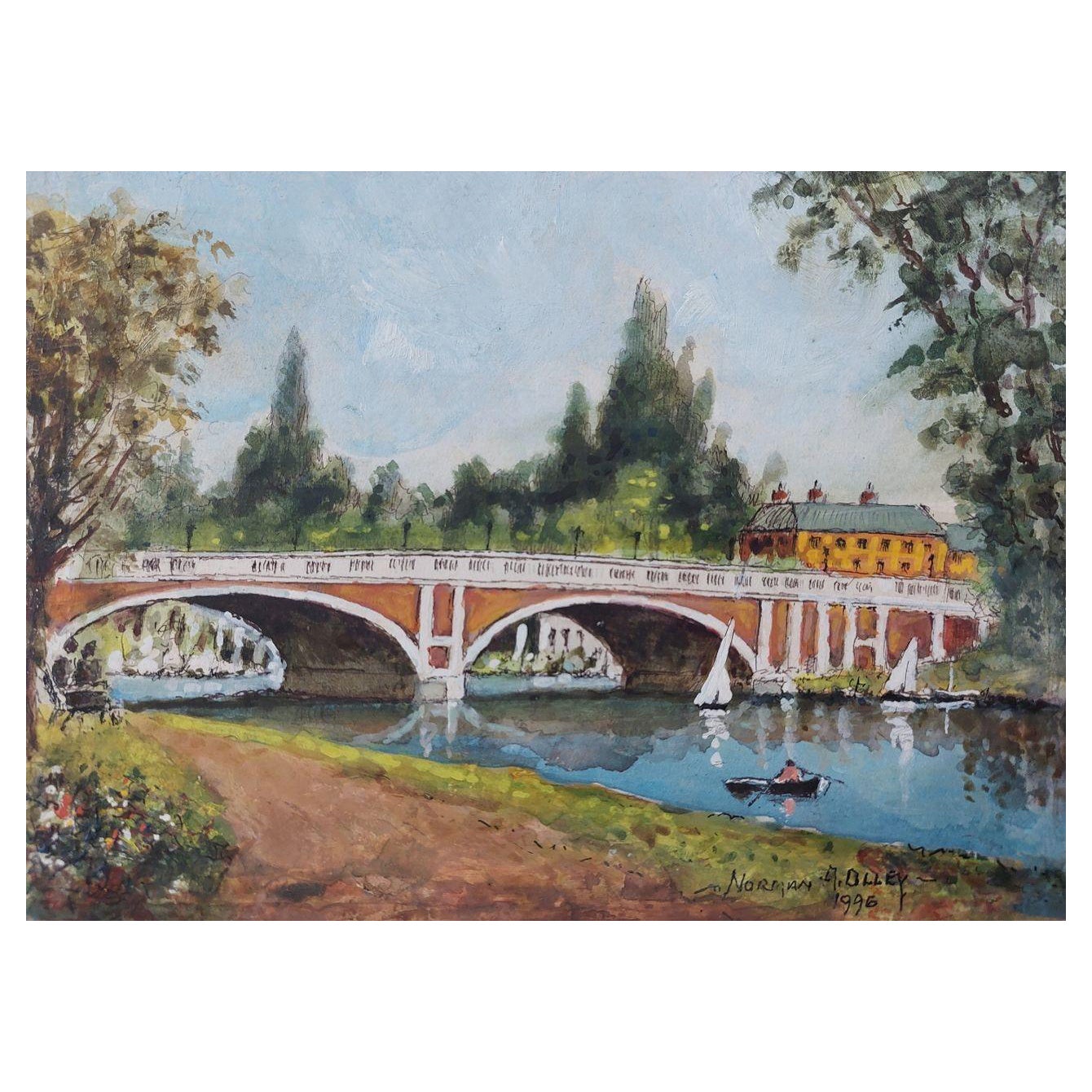 Traditional English Painting Hampton Court Bridge in London For Sale
