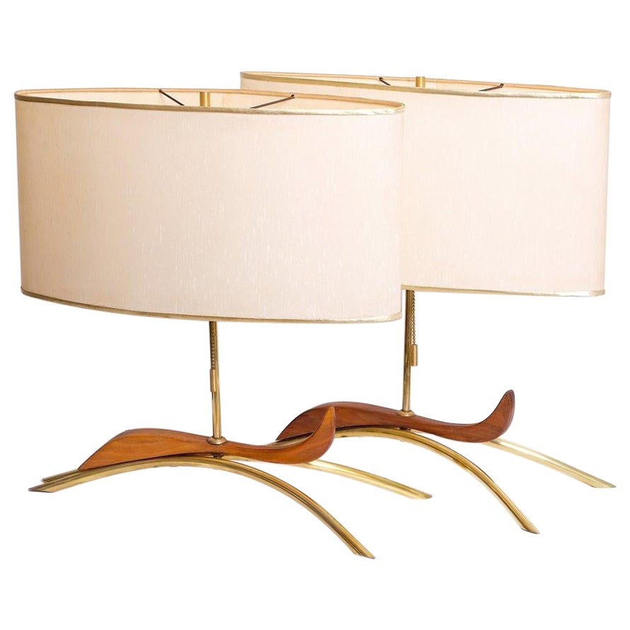 Pair of Mid Century Walnut and Brass Table Lamps
