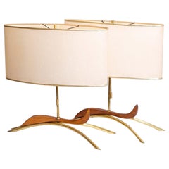 Pair of Mid Century Walnut and Brass Table Lamps