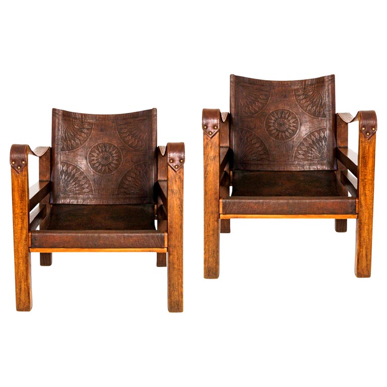 Mid-Century Pair of French Tooled Leather Safari Campaign Armchairs For Sale