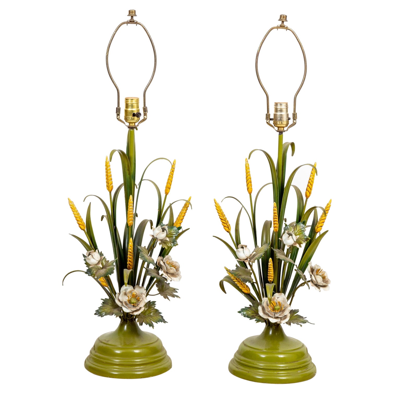 Pair Italian Tole Flower and Wheat Lamps