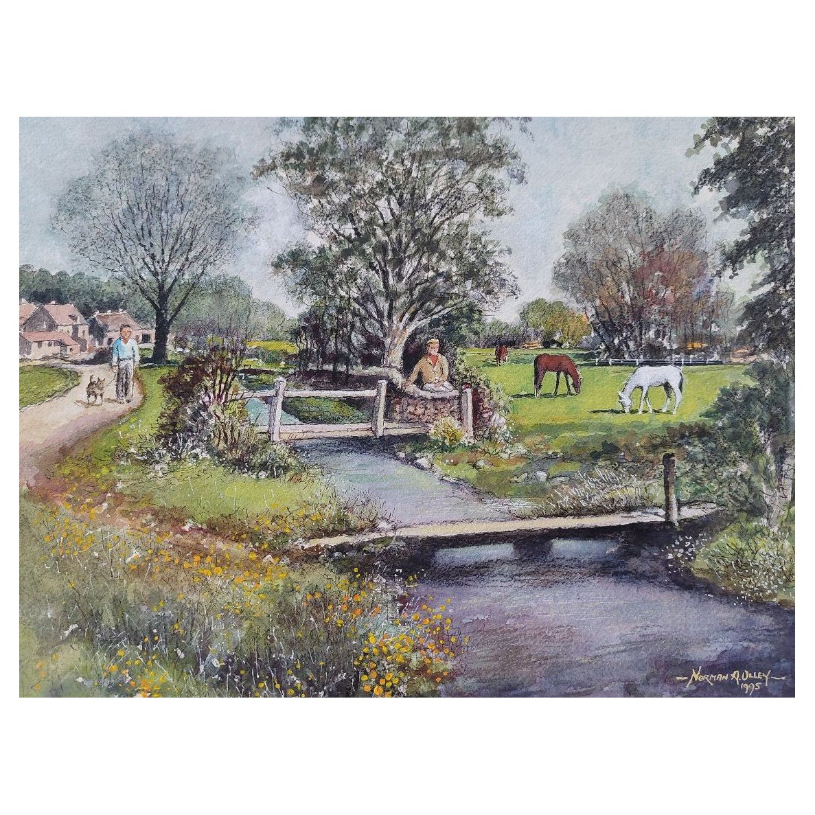 Peinture traditionnelle anglaise d'une scène de village avec des personnages, un chien et des chevaux en vente