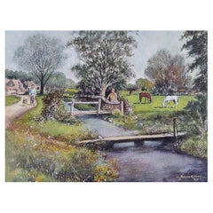 Peinture traditionnelle anglaise d'une scène de village avec des personnages, un chien et des chevaux