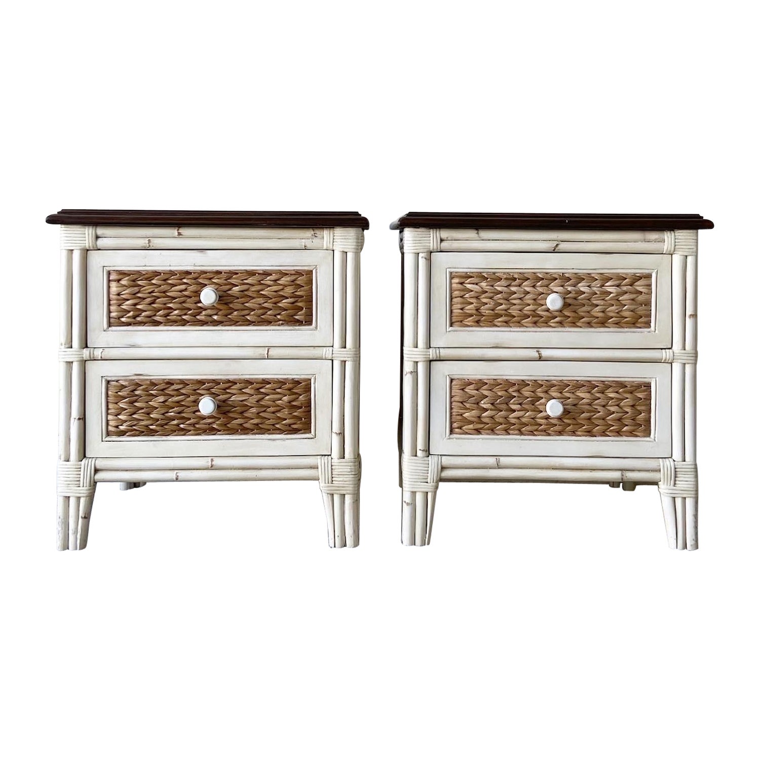 Boho Chic Bamboo and Sea Grass Nightstands, a Pair