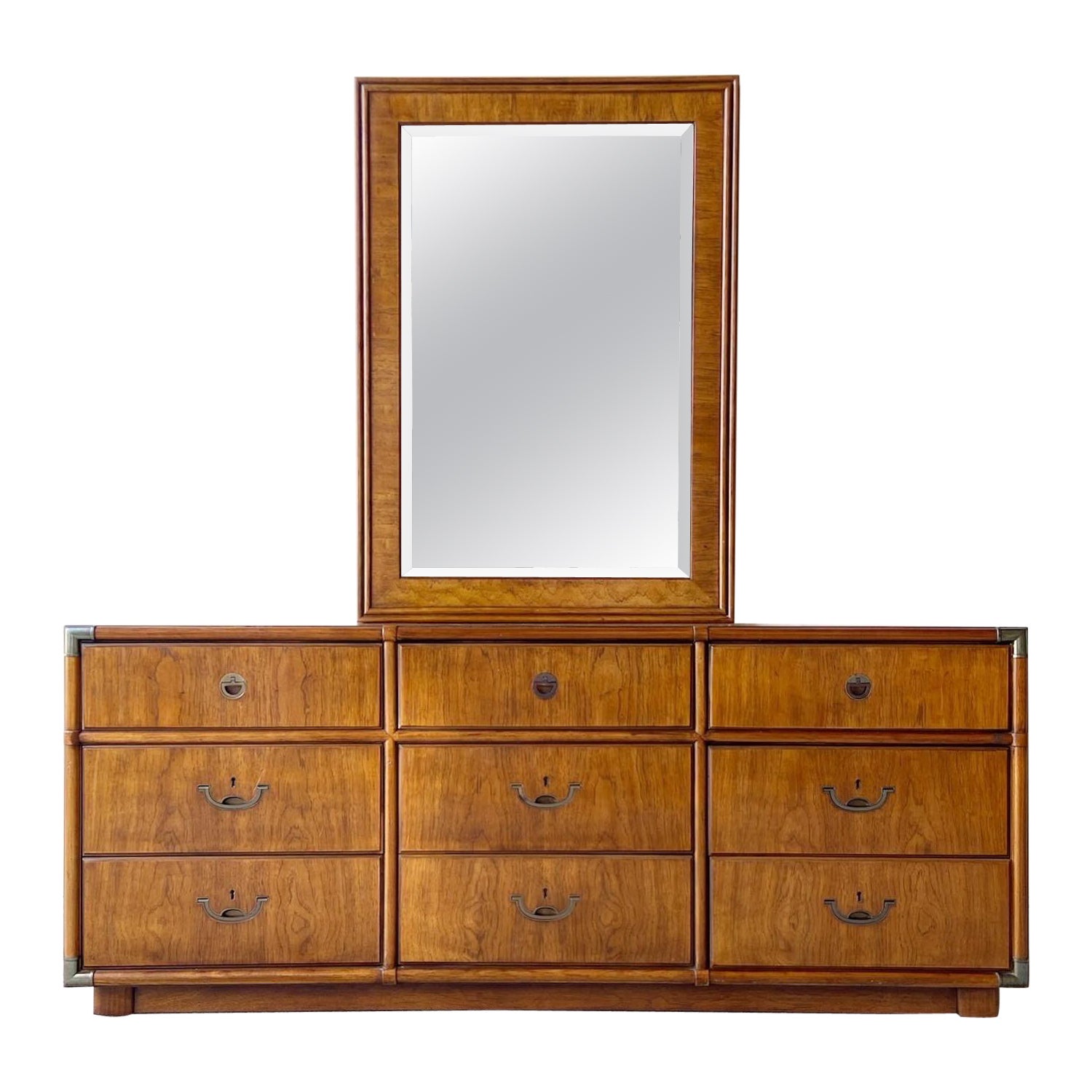 Vintage Campaign Accolade Triple Dresser with Mirror by Drexel Heritage For Sale