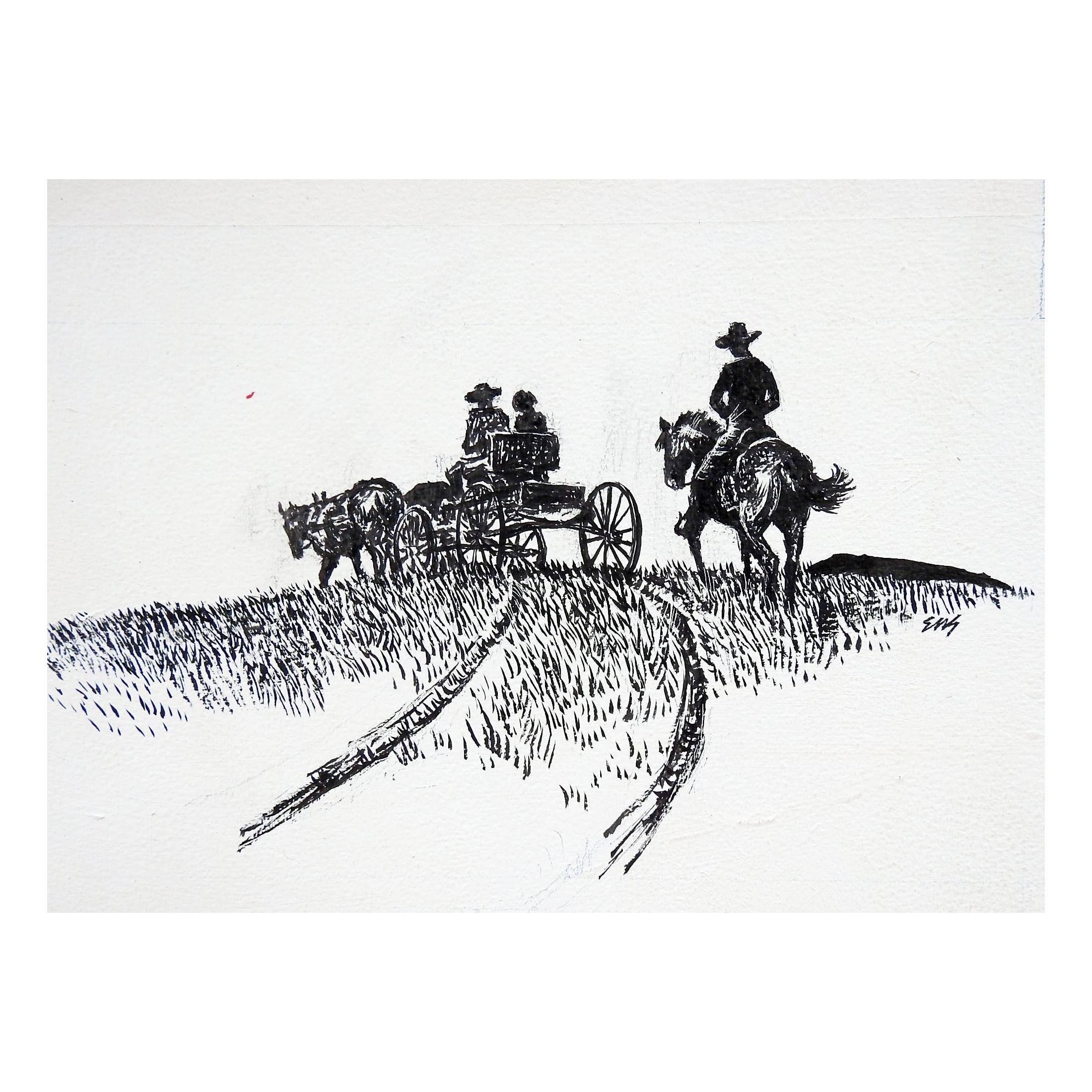 Eugene Shortridge Cowboy & Wagon Stift & Tinte Western-Zeichnung, Mitte des 20. Jahrhunderts