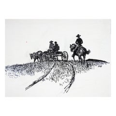 Vintage Mid 20th Century Eugene Shortridge Cowboy & Wagon Pen & Ink Western Drawing