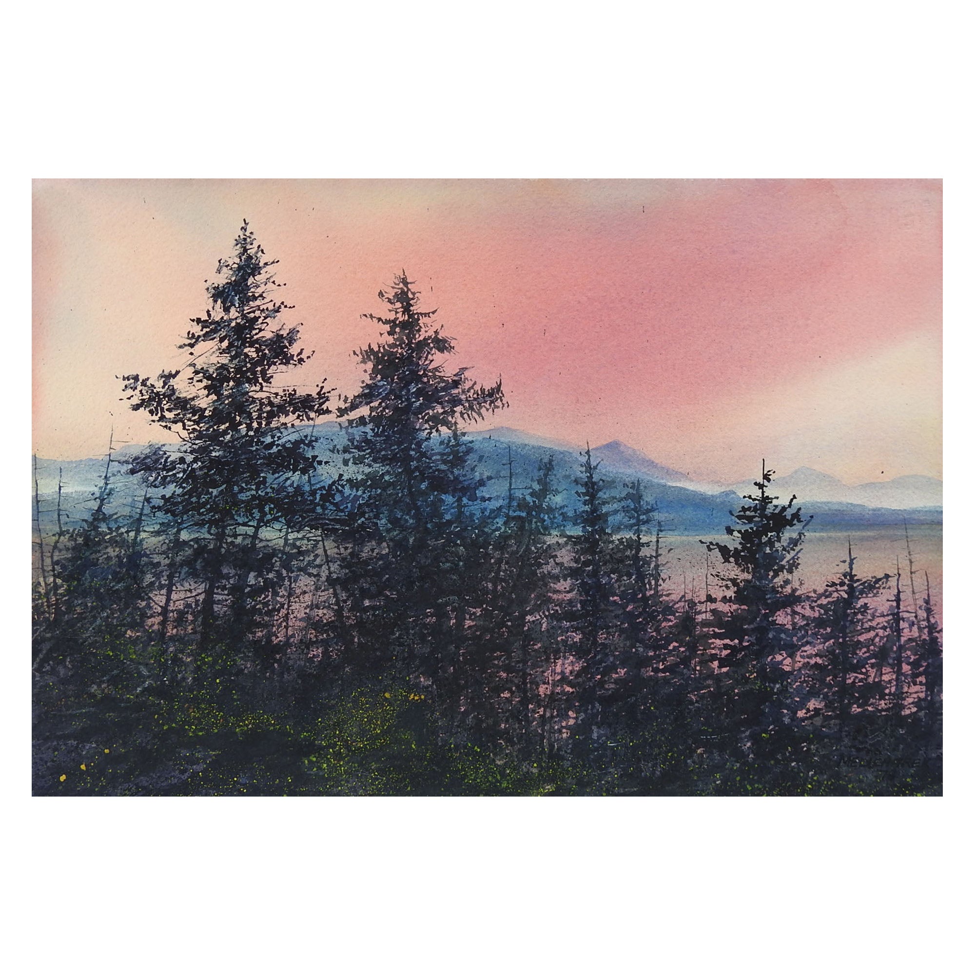 Mountain Forest Sunrise Watercolor Painting