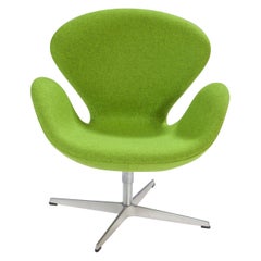 Arne Jacobsen for Fritz Hansen Lime Green Woolen Swan Swivel Armchair