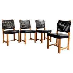 Swedish Mid-Century Modern Black Woven Leather Dining Chairs