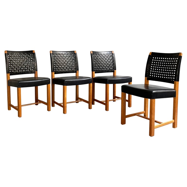 Swedish MidCentury Modern Black Woven Leather Dining Chairs For Sale