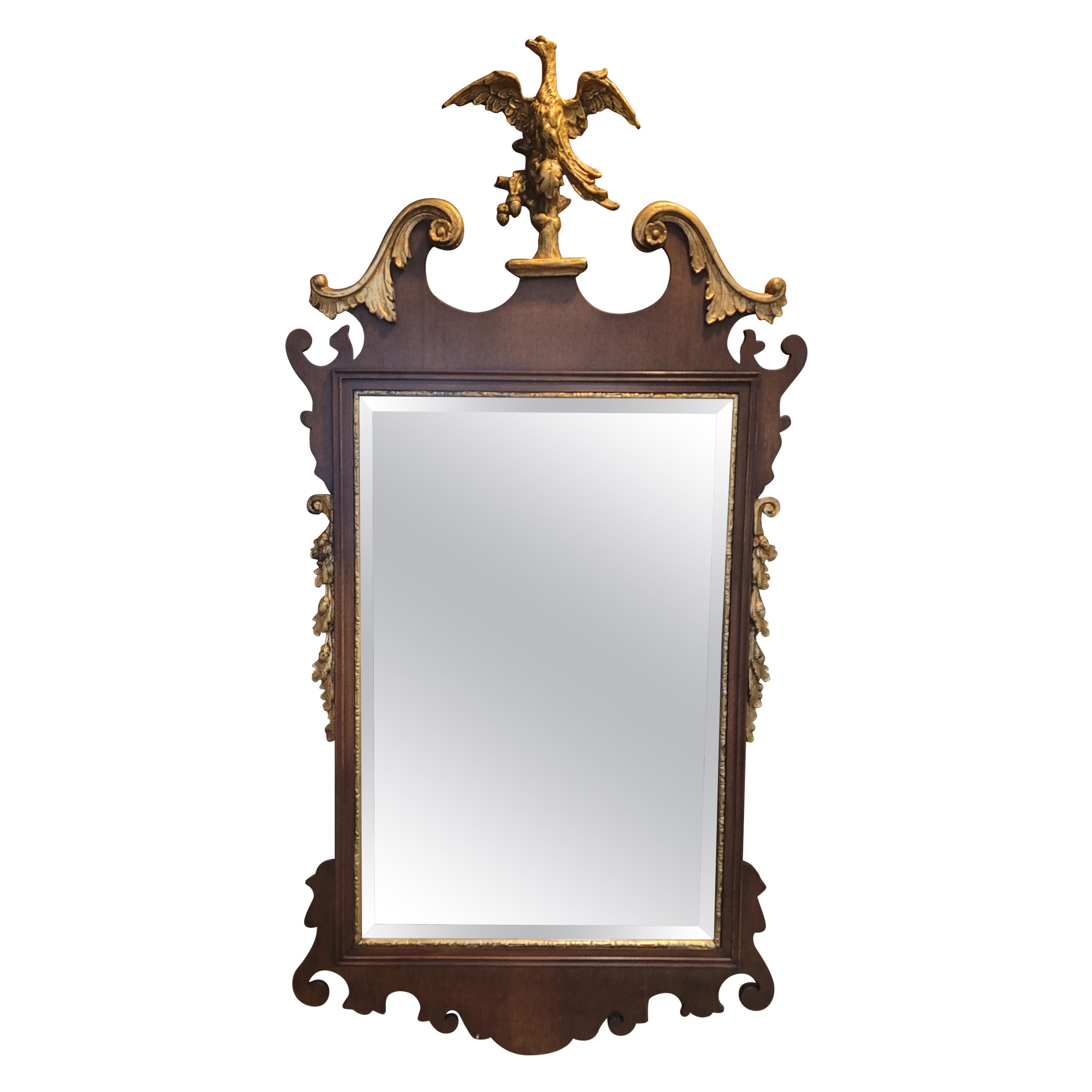 1930s English Chippendale Mahogany Parcel-Gilt Mirror w/ Phoenix Crest Finial For Sale