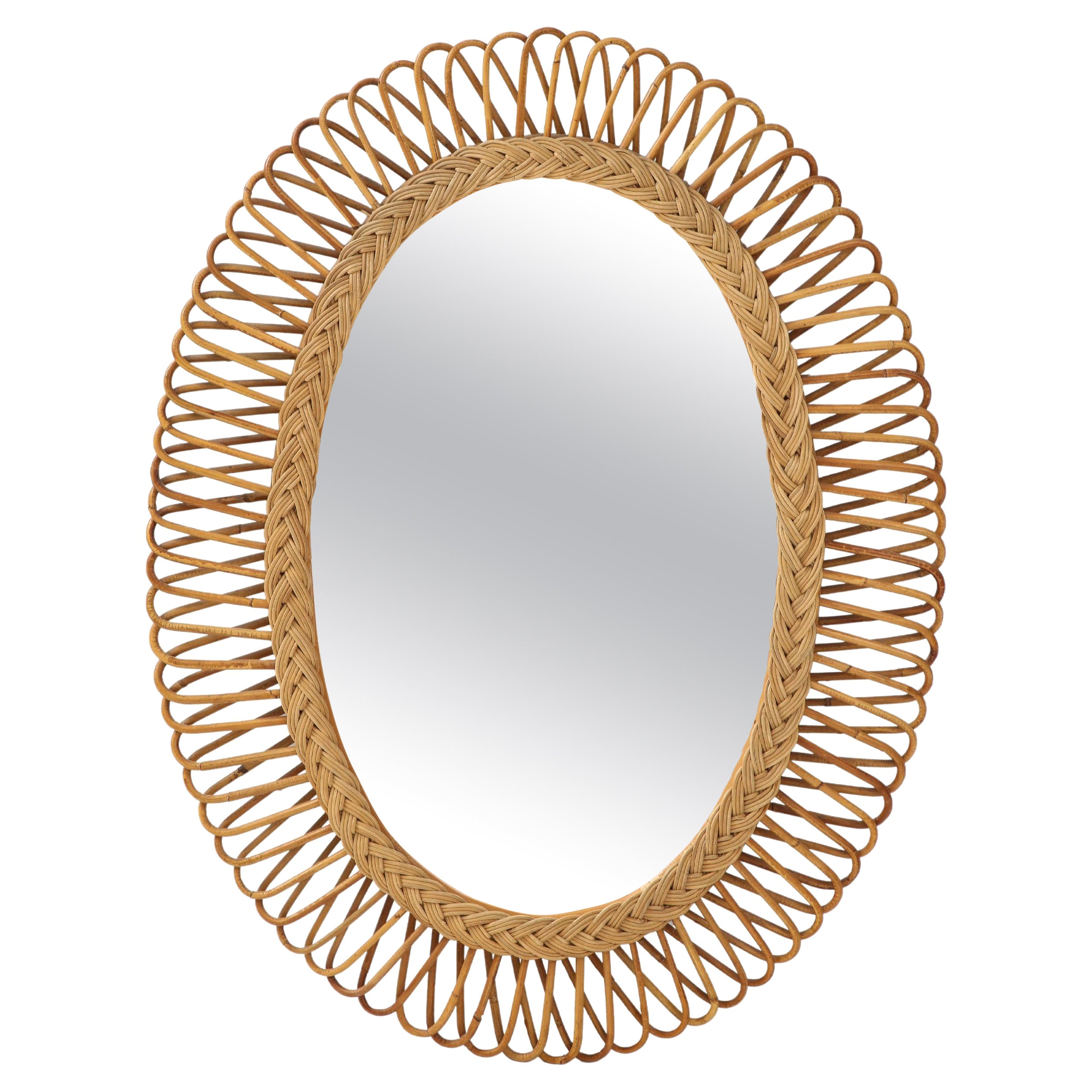 Bonacina Oval Bamboo and Rattan Mirror, Italy, 1950s For Sale