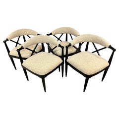 Mid Century X-back Wood and Boucle Dining Chairs on Tripod Base Set of Four