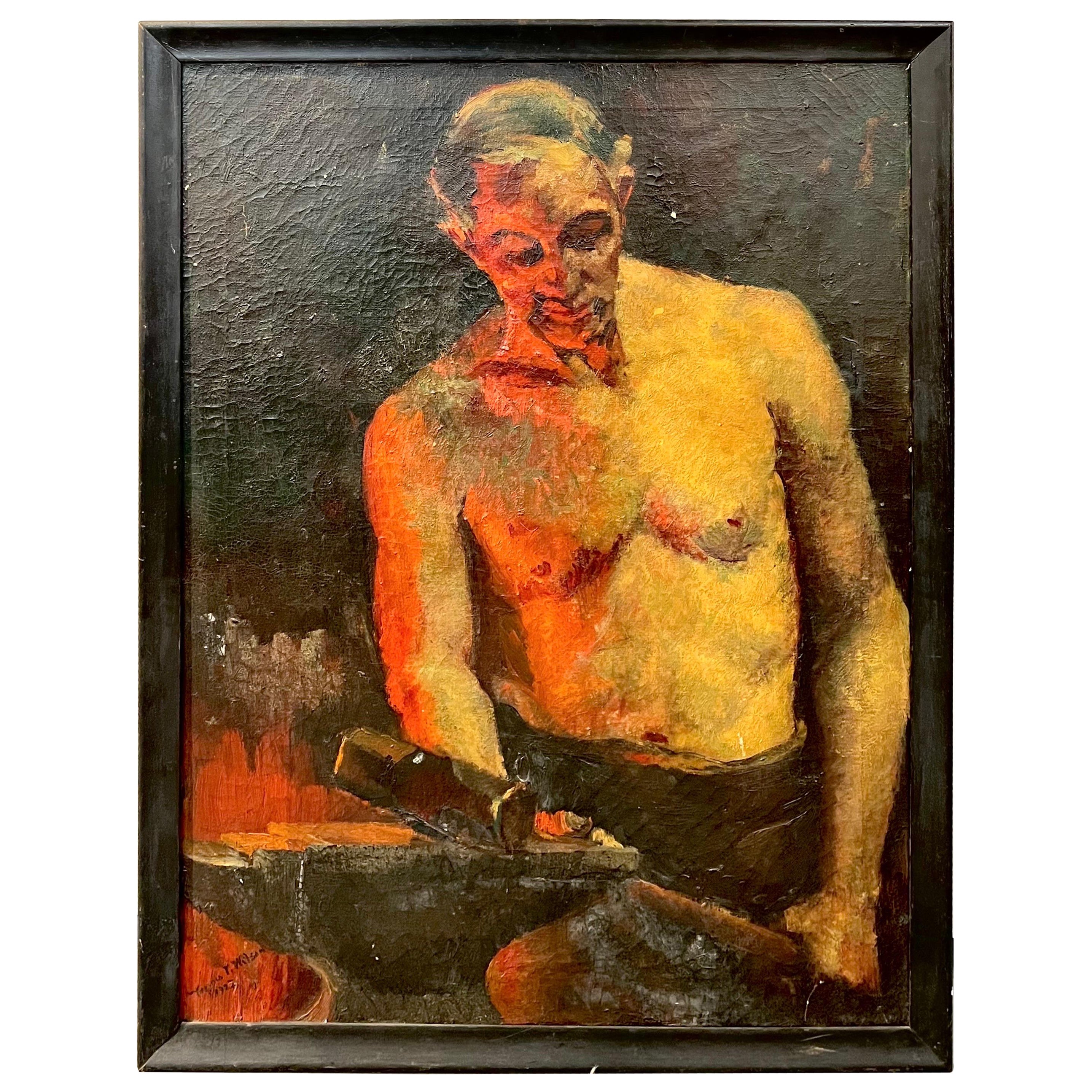Original Antique Oil Painting of Nearly Nude Male Blacksmith, Signed Wilson