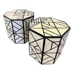 Pair of Mother-of-Pearl Octagonal Geometric Inlay Stools, End Tables