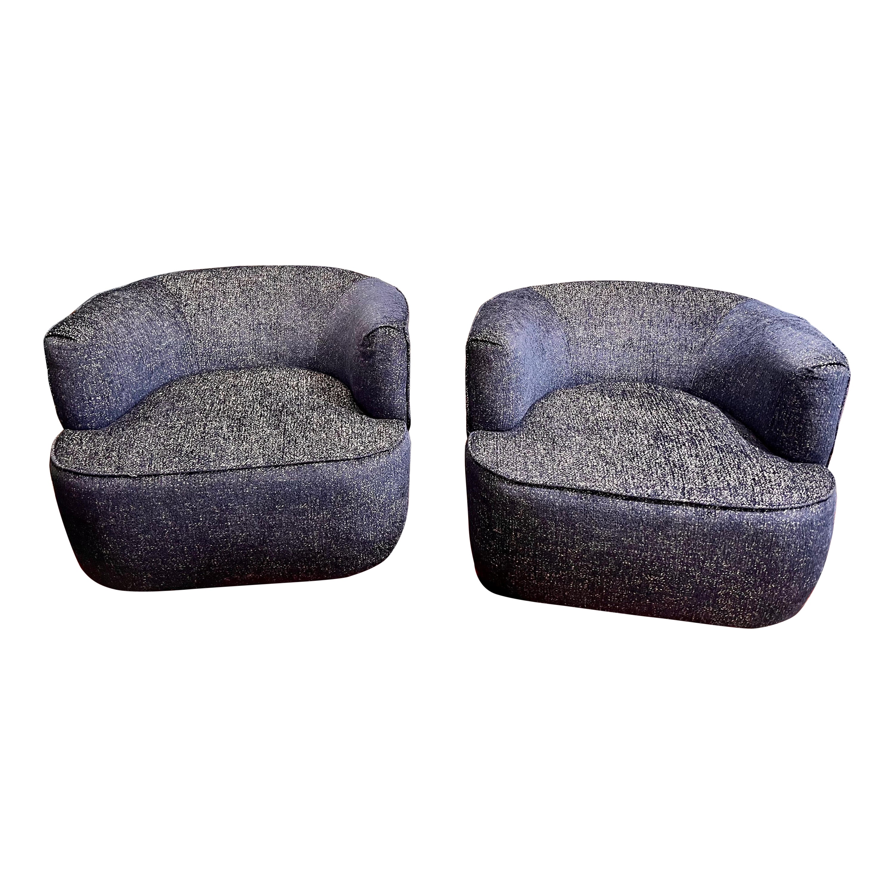 Mid Century Modern Navy Blue Swivel Chairs New Upholstery 