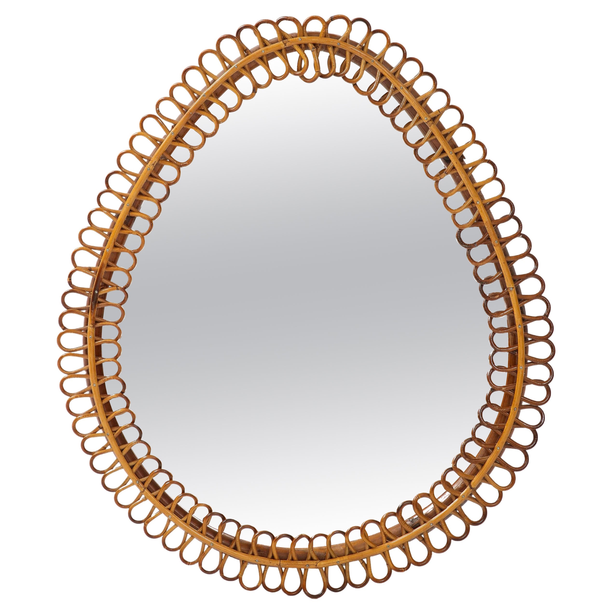 1950s Italian Teardrop Shaped Bamboo Rattan Mirror, 1950s For Sale