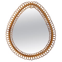 Vintage 1950s Italian Teardrop Shaped Bamboo Rattan Mirror, 1950s