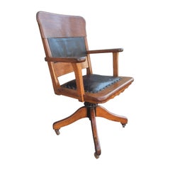 1900s Oak and Leather Bankers Swivel Tilt Office Chair Springs Seat