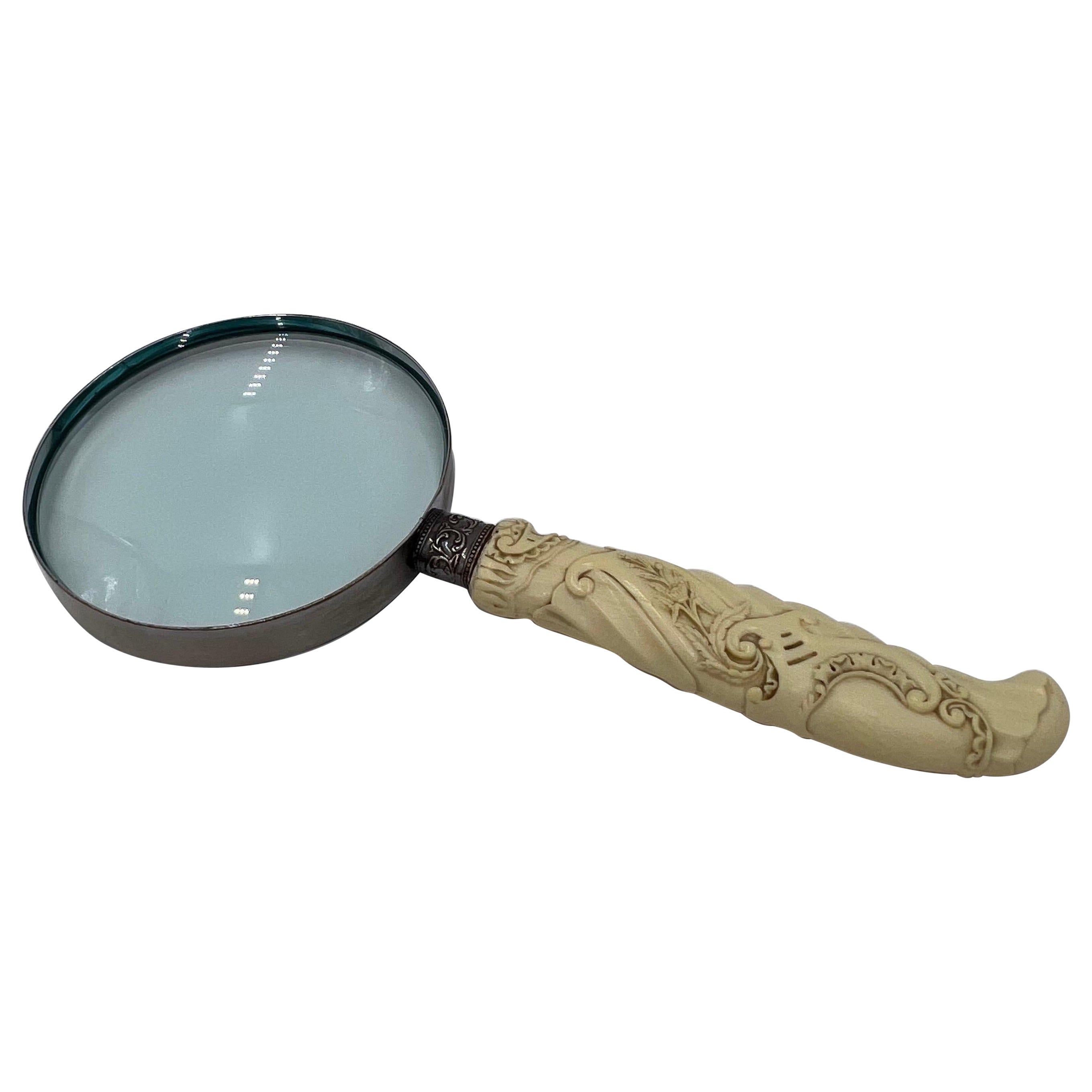Antique Chinese Export Carved Bone & Sterling Silver Magnifying Glass