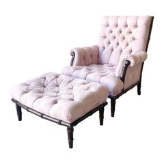 Regency Tufted Pink Fabric Faux Bamboo Lounge Chair with Ottoman