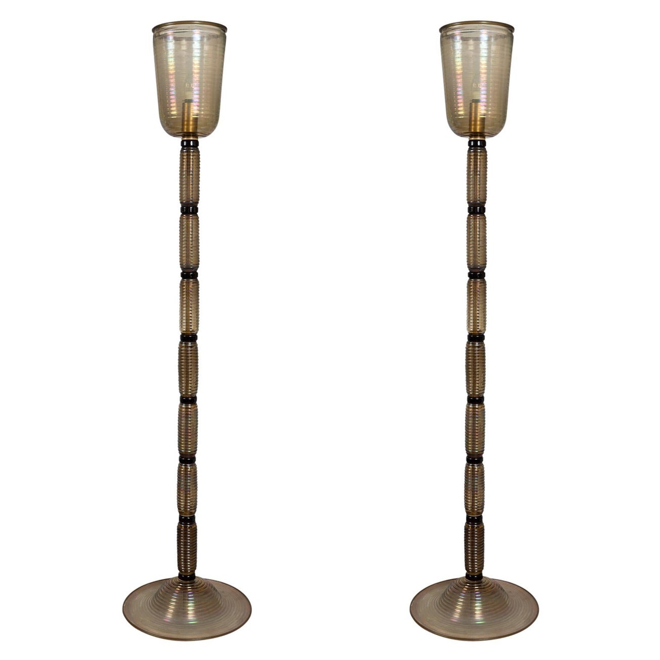 Pair of Mid Century Style Smoke Blown Torchiere Floor Lamps For Sale