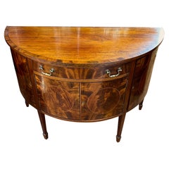 Superb Antique English Inlaid Flame Mahogany Demilune Hepp. Style Sideboard