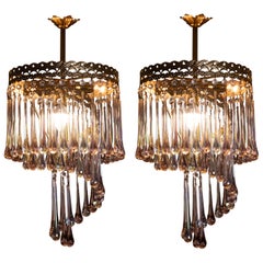 Wonderful Pair of Murano Chandeliers with Pink and Iridescent Spiral Drops, 1960